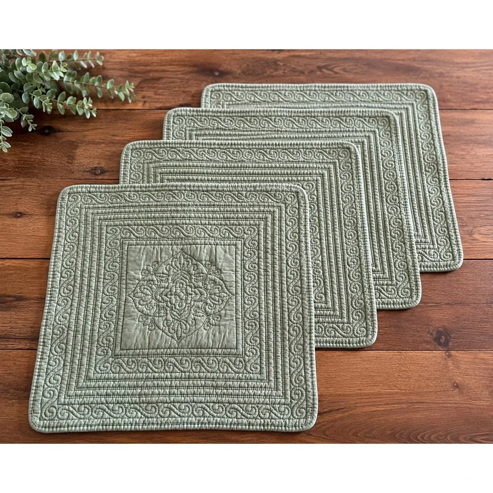 Set of 4 Quilted Sage Green Square Placemats 14